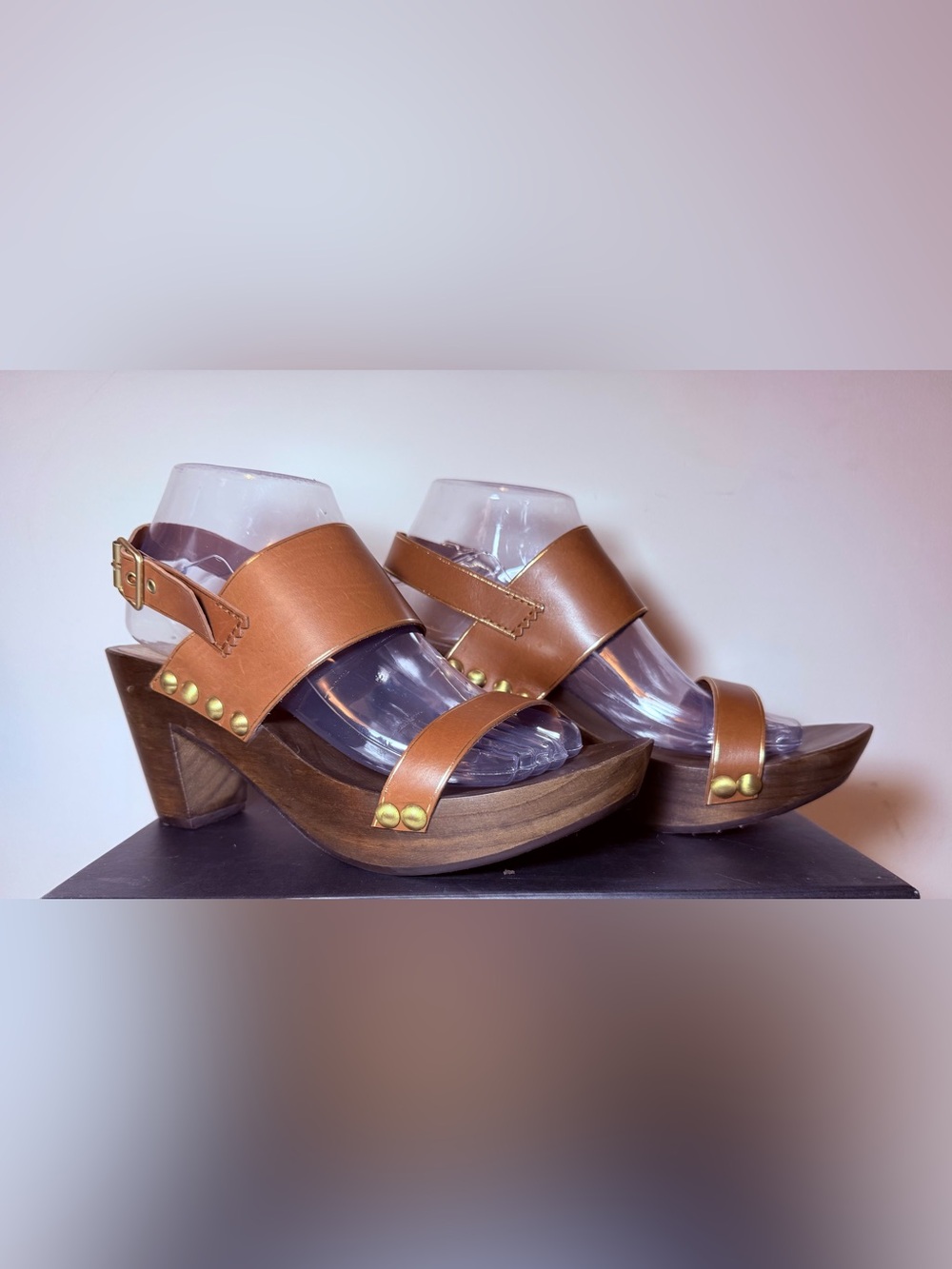 NWOB Pedro Garcia Brown Leather Wooden Platform Sandals with Gold Studs